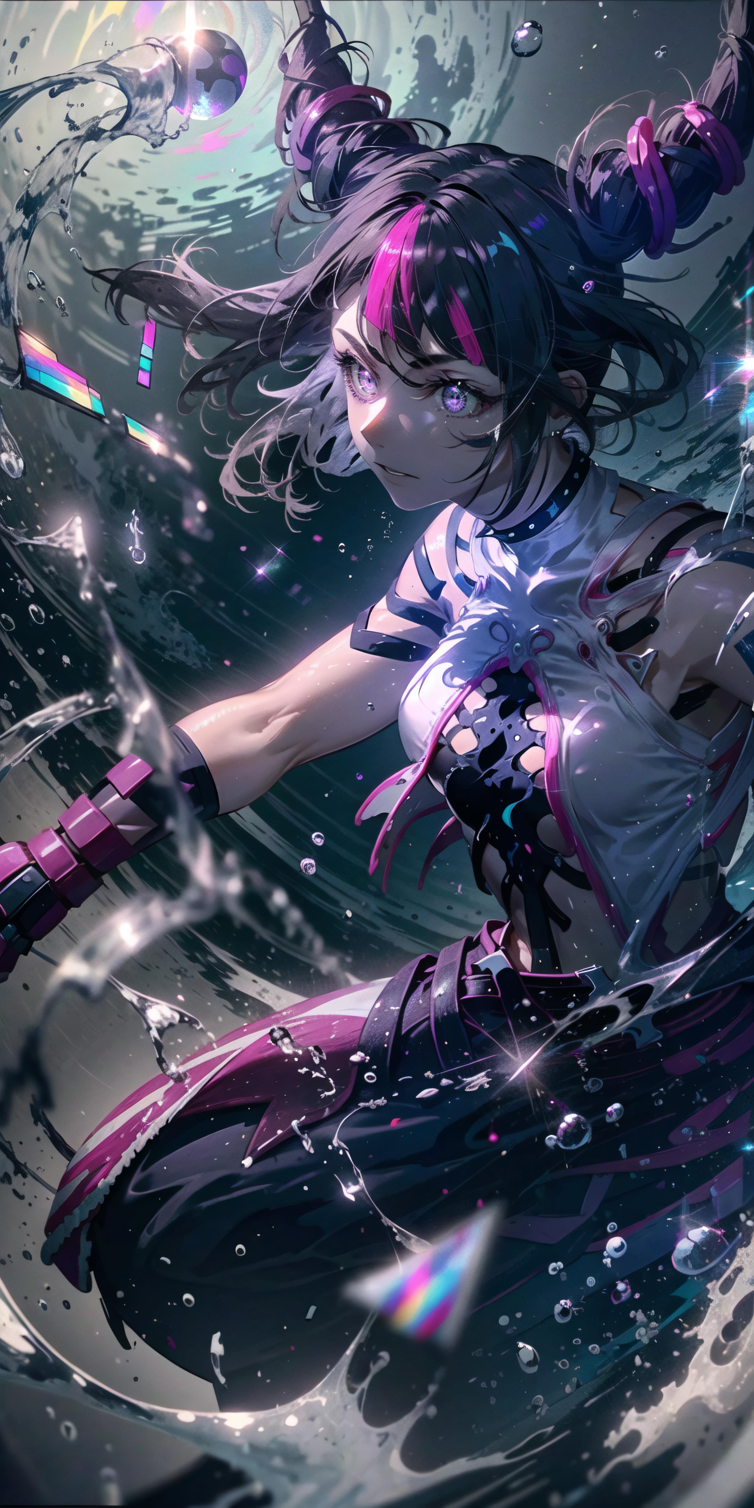Anime girl with pink hair and purple gloves in the water - SeaArt AI