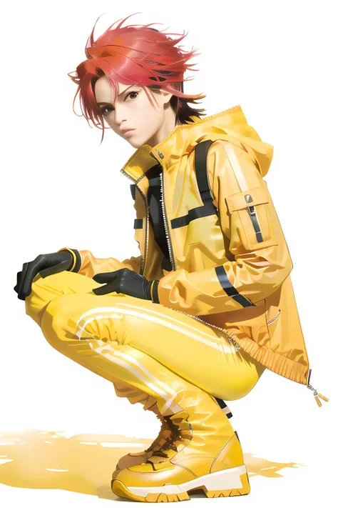 <lora:Copy of PinkSpiderhide:.7>, (masterpiece), Hideto_Matsumoto, solo, 1boy, male_focus, multicolored hair, red hair, squatting, looking at viewer, simple background, white background, full body, long sleeves, lips, pink hair, gloves, brown eyes, yellow bodysuit, short hair, yellow pants, closed mouth, boots, jacket, spiked hair, yellow jacket, pants, male focus, shoes, red footwear, 1boy