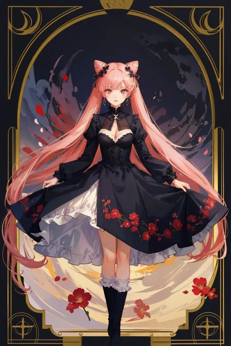 <lora:SailorMoonTarot:.7>, Tarot Card, art noveau style, (masterpiece, best quality, ultra-detailed, high-res), perfect face, gothic victorian background, 1girl, pink hair, crescent facial mark, solo, long hair, cone hair bun, dress, crescent, facial mark, hair bun, flower, forehead mark, red eyes, lipstick, double bun, red flower, black dress, makeup, black nails, twintails, long sleeves, looking at viewer, side slit, very long hair, parted bangs, clothing cutout, nail polish, star \(symbol\), purple lips, striped, bangs, cowboy shot, fingernails, black lips, breasts, cleavage cutout, cleavage, parted lips, depth_of_field,very detailed background, highly detailed background, Masterpiece, Ultra detailed, great composition,Dynamic angle,[Bottle bottom],(wide shot), extremely delicate and beautiful,(Highest picture quality), (Master's work),  (fantasy), depth of field, solo,Beautiful girl,extreme light and shadow, masterpiece, rich in detail, (fine features), (highest quality), (masterpiece), (detailed eyes), (beautiful) detailed girl,beautiful detailed eyes,(straight-on), full body, flower field:1, flower petals falling, summer:1.2, happy, smile,(extremely detailed CG unity 8k wallpaper),(masterpiece), (best quality), (ultra-detailed), (best illustration),(best shadow),sunshine , sun , perfect lighting , perfect anatomy ,