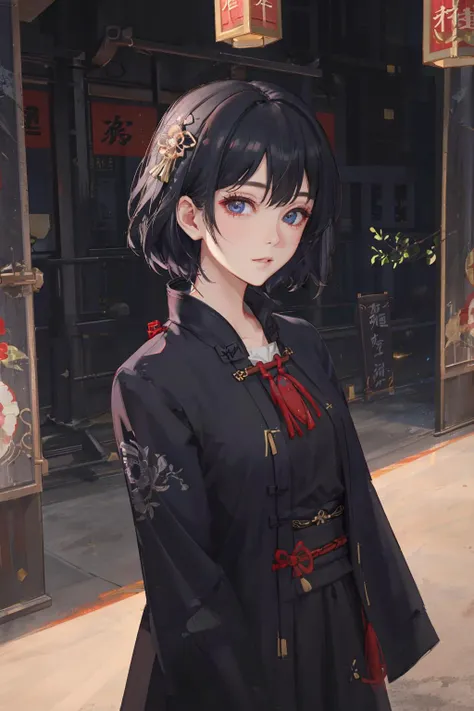 Ultra-realistic 8k CG, masterpiece, ((ultra-detailed background, delicate pattern, intricate details)), best quality, very detailed face, extremely detailed eyes and face, extremely detailed eyes, 1girl, middle breasts, solo, short hair, black hair, messy hair, jasper eyes, sharp eyes, ming hanfu, ming style outfits, short coat, mamian skirtt, standing collar, looking at viewer, daytime, (forbidden city), dim lights, <lora:hanfu_v30Song:0.4>