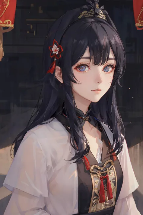 Ultra-realistic 8k CG, masterpiece, ((ultra-detailed background, delicate pattern, intricate details)), best quality, very detailed face, extremely detailed eyes and face, extremely detailed eyes, upper body,1girl, middle breasts, solo, long hair, black hair, straight hair, jasper eyes, sharp eyes, ming hanfu, ming style outfits, white short coat, mamian skirtt, standing collar, seiza, looking at viewer, daytime, (forbidden city), dim lights, <lora:hanfu_v30Song:0.4>