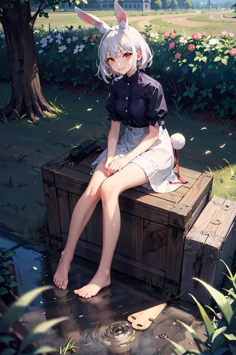 ((masterpiece,best quality)),1girl, solo, animal ears, rabbit, barefoot, knees up, dress, sitting, rabbit ears, short sleeves, looking at viewer, grass, short hair, smile, white hair, puffy sleeves, outdoors, puffy short sleeves, bangs, on ground, full body, animal, white dress, sunlight, brown eyes, dappled sunlight, day, depth of field