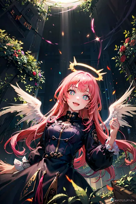 (Highest picture quality),(Master's work),(ultra-detailed),(Detailed eye description:1.0),(lens flare:1.0),(movie poster:1.0),(Tarot border:1.0),the portrait is centered,(close-up:1.0),(nagative space:0.8),(negative space:1.6),(solo),(floating colorful lightning:1.0),(many colorful tatoos:1.0),(floating orange soft balls:1.0),(stone wings:1.0), (dappled sunlight,light rays,caustics:1.2), (colorful:1.0),(beautiful detailed glow:1.0),(:1.2),(smirk:1.0),(small:1.0),(open mouth:1.0),(eyeshadows),,(pink hair:1.4),(long hair:1.0),(from below:1.3),(halo:1.3),(head tilt:1.0),(dynamic pose:1.1),(asymmetrical hair:1.2),(black dress:1.0),(sci-fi,futuristic),(puffy dress),(orange pupils:1.4),blunt bangs,,drill hair,,(:1.1),(forest,garden:1.4),(indoors,inside:1.1),heargear,,(jumping:1.1),(colored skin:1.1),(portrait:1.25),, symbol-shaped pupils, heart-shaped pupils