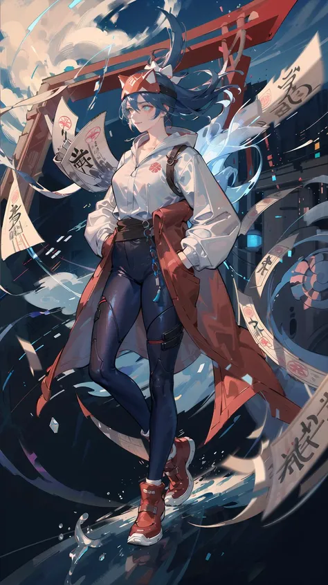 masterpiece, best quality,1 girl,full body,<lora:kirikoOverwatchLORA_v1:0.9>,(hands in pocket:1.4),huge torii,floating ofuda,(floating colorful {wind|water magic|ink|crystals|ice|fire|flame|lightning|web|rocks|sand|particles|sparkles|blood}:1.0),