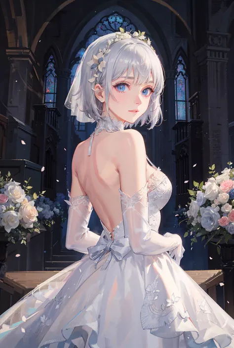 Ultra-realistic 8k CG, masterpiece, ((ultra-detailed background, delicate pattern, intricate details)), best quality, intricate details, look viewer, very detailed face, extremely detailed eyes and face, beautiful detail eyes, 1girl, solo, silver hair, short hair, blue eyes, happy, arms behind back, wedding ,(wedding dress),white gloves, grasslands,