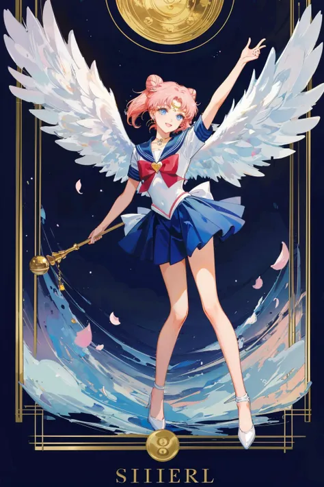 <lora:SailorMoonTarot:.7>, Sailor Cosmos, Tarot Card, art noveau style, (masterpiece, best quality, ultra-detailed, high-res), perfect face, 1girl, solo, 1white sailor collar, white choker, brooch, sailor collar, sailor senshi uniform, magical girl, wings, flower, multiple girls, jewelry, double bun, choker, white footwear, skirt, 2girls, blue eyes, hair bun, angel wings, white hair, heart brooch, drill hair, blue sailor collar, facial mark, white wings, red hair, sailor senshi, heart, pleated skirt, hair ornament, chibi, short hair, bare legs, twintails, smile, forehead mark, blue skirt, winged footwear, arms up, twin drills, official style, boots, hairpin, staff, high heels, full body, signature, dual persona, bow, looking at viewer, feathered wings, pink hair, depth_of_field,very detailed background, highly detailed background, Masterpiece, Ultra detailed, great composition,Dynamic angle,[Bottle bottom],(wide shot), extremely delicate and beautiful,(Highest picture quality), (Master's work),  (fantasy), depth of field, solo,Beautiful girl,extreme light and shadow, masterpiece, rich in detail, (fine features), (highest quality), (masterpiece), (detailed eyes), (beautiful) detailed girl,beautiful detailed eyes,(straight-on), full body, flower field:1, flower petals falling, summer:1.2, happy, smile,(extremely detailed CG unity 8k wallpaper),(masterpiece), (best quality), (ultra-detailed), (best illustration),(best shadow),sunshine , sun , perfect lighting , perfect anatomy ,