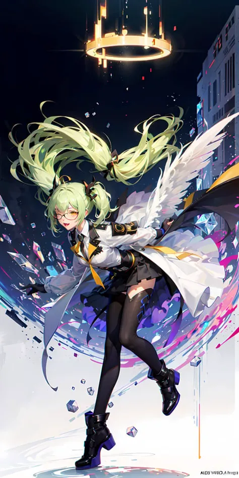 ,playing mobile game々)vtuber, sexy beauty, green clover shaped choker, (masterpiece, highest quality), official art, beautiful and aesthetic: 1.2), (1 girl), very detailed, (geometry art: 1.3), green colorful、white long hair、fox ear、 whole body, angel wings, black gothic, full body, playing mobile game, smile
