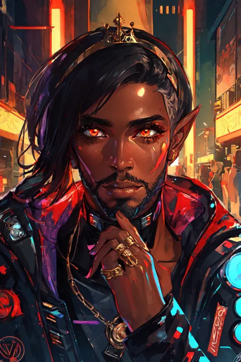 <lora:Dark_Fantasy-10:1> Dark Fantasy,(masterpiece, best quality, ultra-detailed, highres, best illustration),perfect face, ((solo, solo focus)),sidelighting, lustrous skin,(bloom), (shine), ray tracing,1boy, male focus, beard, facial hair, stubble,  jewelry, solo, male focus, dark-skinned, ring, orange eyes, necklace, looking at viewer, facial hair, glowing eyes, pointy ears, colored skin, glowing, upper body, artist name, multiple rings, black hair, short hair, gold chain, coin, beard, hand up, purple skin, crown, gold, headband, shirt, signature, closed mouth, holding,depth_of_field, city background,very detailed background,extreme light and shadow,(detailed eyes), (beautiful) beautiful detailed eyes, perfect lighting , perfect anatomy,(extremely detailed illustrated 8k wallpaper),(masterpiece), (best quality), (cyberpunk:1.5),(ultra-detailed), (best illustration),(best shadow), vivid colors,