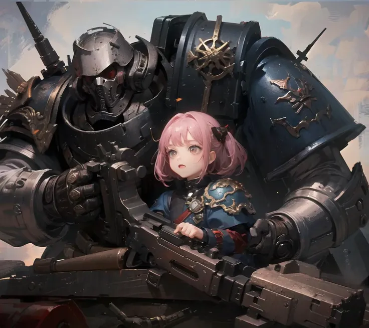 (Highest picture quality),(Master's work),(ultra-detailed),(1girl, child:1.2),aiming gun,scenic,(warhammer40k,armor:1.2),detailed background