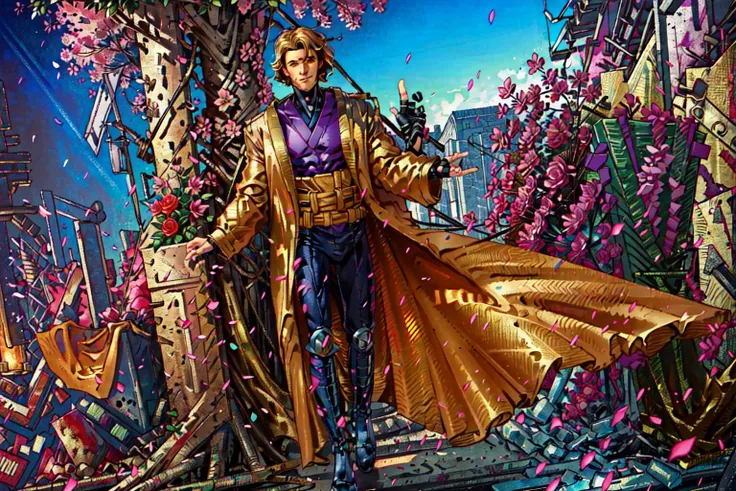 (masterpiece, best quality, ultra-detailed, highres), perfect face, sidelighting, lustrous skin,(bloom), (shine), lighting, ray tracing, sci-fi, solo,1boy, blonde hair, male focus, solo, japanese clothes, looking at viewer, smile, yellow eyes, upper body, brown eyes, thick eyebrows, triangle print, closed mouth, haori, tree, short hair, demon slayer uniform, kimono, parody, outdoors, depth_of_field,very detailed background, highly detailed background, Masterpiece, Ultra detailed, great composition,Dynamic angle,[Bottle bottom],(wide shot), extremely delicate and beautiful,(Highest picture quality), (Master's work),   depth of field, solo, extreme light and shadow, masterpiece, rich in detail, (fine features), (highest quality), (masterpiece), (detailed eyes), (beautiful) detailed,beautiful detailed eyes,(straight-on), full body, cyberpunk:1, flower petals falling, (extremely detailed CG unity 8k wallpaper),(masterpiece), (best quality), (ultra-detailed), (best illustration),(best shadow),perfect lighting , perfect anatomy , vivid colors,   <lora:Copy of RemyLebeau:1>