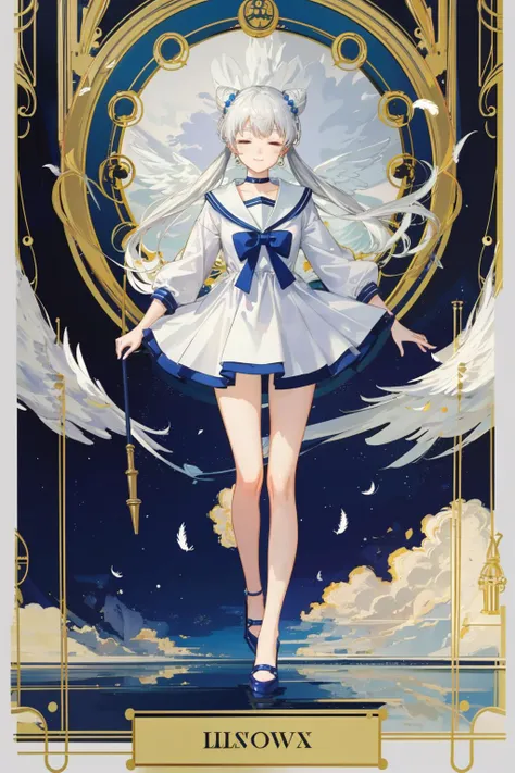 <lora:SailorMoonTarot:.7>, Tarot Card, art noveau style, masterpiece, best quality, ultra-detailed, highres), perfect face, sidelighting, lustrous skin,(bloom), (shine), lighting, ray tracing, sci-fi, city, outdoor, white choker, white sailor collar, choker, closed eyes, long hair,double bun, white hair, hair bun, brooch, twintails, facial mark, wings, 1girl, jewelry, forehead mark, skirt, signature, feathers, white theme, hair ornament, staff, dual persona, solo, very long hair, dress, bare legs, depth_of_field,very detailed background, highly detailed background, Masterpiece, Ultra detailed, great composition,Dynamic angle,[Bottle bottom],(wide shot), extremely delicate and beautiful,(Highest picture quality), (Master's work),  (fantasy), depth of field, solo,Beautiful girl,extreme light and shadow, masterpiece, rich in detail, (fine features), (highest quality), (masterpiece), (detailed eyes), (beautiful) detailed girl,beautiful detailed eyes,(straight-on), full body, flower field:1, flower petals falling, summer:1.2, happy, smile,(extremely detailed CG unity 8k wallpaper),(masterpiece), (best quality), (ultra-detailed), (best illustration),(best shadow),perfect lighting , perfect anatomy ,