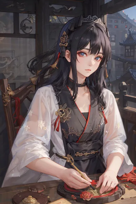Ultra-realistic 8k CG, masterpiece, ((ultra-detailed background, delicate pattern, intricate details)), best quality, very detailed face, extremely detailed eyes and face, extremely detailed eyes, upper body,1girl, middle breasts, solo, long hair, black hair, straight hair, jasper eyes, sharp eyes, ming hanfu, ming style outfits, white short coat, mamian skirtt, standing collar, seiza, sitting on a wooden chair, looking at viewer, daytime, (forbidden city), dim lights, <lora:hanfu_v30Song:0.4>