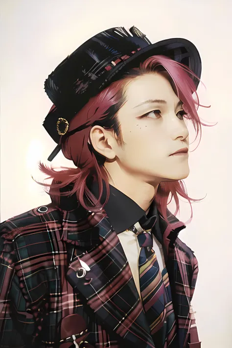 <lora:Copy of PinkSpiderhide:.7>, Hideto_Matsumoto, solo, 1boy,male_focus, hat, looking up, upper body, pink   hair,  from side, makeup, brown eyes, lips,  plaid coat, closed mouth, lipstick, jewelry, necktie