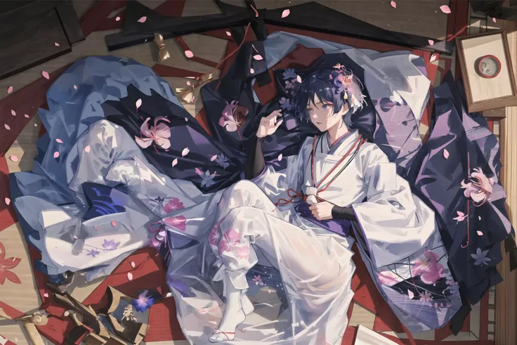 extremely detailed, (1boy:1.1), scaramouche, (male:0.6), fullbody, traditional white clothing, lying, (fierce, rigid:1.1), tatami, japanese room, detailed texture, very detailed background, (masterpiece, best quality:1), (many large floating {red|orange|yellow|pink|violet} {spider lilies|maple leafs|sakura flowers}:1), (floating colorful {blood|petals|lightning|particles}:1.01), ({dim sunlight, dull light rays|mysterious, eerie|ray tracing, glowing}:1.05), ({colorful|iridescent|multicolored}:1), (beautiful detailed purple glow:1.0) <lora:Scara_Kunikuzushi:0.74>