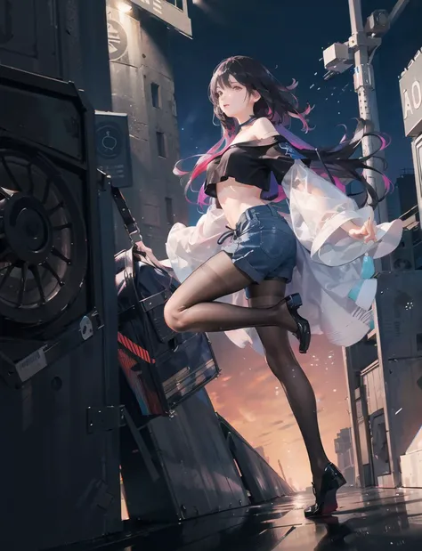 masterpiece, best quality, uhd, 8k resolution, best light, realistic, detailed background, detailed face, detailed hands, adult girl in crop top, off-the-shoulder t-shirt, full body, (crowded street, people surround character), magical geometric particles in the background, shorts, (stockings:1.3),, (colorful:1.2),(beautiful detailed glow:1.0), (many colorful spirals:1.0), (no gravity hair:1.3), Extremely long hair in the wind, [transparent clothing], There is nothing on the neck, bokeh