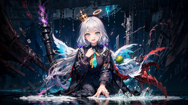(Highest picture quality),(Master's work),(ultra-detailed),(Detailed eye description:1.0),(lens flare:1.0),(movie poster:1.0),(Tarot border:1.0),the portrait is centered,(close-up:1.0),(nagative space:0.8),(negative space:1.6),(solo),(floating colorful {wind|water magic|ink|crystals|ice|fire|flame|lightning|web|rocks|sand|particles|sparkles|blood}:1.0),(many colorful {soap bubbles|clouds|thorns|spikes|vines|currents|spirals|halos|wings|tatoos|cubes|octahedron}:1.0),(floating {red|green|blue|aqua|purple|yellow|black|white|grey|pink|orange|lime} {ribbons|feathers|particles|blades|droplets|snowflakes|soft balls}:1.0),({crystal|ice|fire|flame|wind|water|earth|stone|space|musical|sonic|vortex} {magic|wings}:1.0), ({ray tracing,glowing|dappled sunlight,light rays,caustics|night,black theme|mysterious,eerie|easygoing,pastel}:1.2), ({colorful|iridescent|multicolored}:1.0),(beautiful detailed glow:1.0),({leaning forward|leaning back|leaning to the side|}:1.2),{(smile:1.0)|(smirk:1.0)|(grim expression:1.0)},({small|small||lips,eyelashes}:1.0),{(open mouth:1.0)|(closed mouth:1.0)|},({eyelashes|eyeshadow||}),{one eye closed|||},({red|green|blue|aqua|purple|yellow|black|white|grey|pink|orange|lime} hair:1.4),({short|long|medium} hair:1.0),({from below|from above|from side|from behind|facing viewer}:1.3),(halo:1.3),(head tilt:1.0),(dynamic pose:1.1),(asymmetrical hair:1.2),({red|green|blue|aqua|purple|yellow|black|white|grey|pink|orange|lime} {armor|dress|collared shirt|suit|outfit}:1.0),({formal|military|techwear|urban style|casual,casual clothes|fantasy,magician|feral,tribal|sci-fi,futuristic}),({plaid skirt|layered skirt|puffy dress|tights|pants|shorts}),({red|green|blue|aqua|purple|yellow|black|white|grey|pink|orange|lime} {eyes|eyes|pupils}:1.4),{(forehead:1.5),asymmetrical bangs|diagonal bangs|hair between eyes|blunt bangs|swept bangs},{one eye covered|ponytail|high twintails|||},{straight hair|wavy hair|drill hair||},{long coat|suit jacket|cloak|sweater|tie||},{(floating cape:1.0),|}({fox ears, fox girl|vampire, bat wings|pointy ears,(elf:0.5)||}:1.1),({abstract background|city,skyscraper|forest,garden|castle|shrine|cave,underground|swamp|lake|winter|alien planet|}:1.4),({indoors,inside|outdoors,outside}:1.1),{2$$witch hat|straw hat|crown|tiara|eyewear|glasses|heargear|hair flower|hairpin|hair bow|||},({sitting|flying|jumping|laying|standing|standing on one leg}:1.1),({colored skin|white skin|blue skin|pale skin|tan|shiny skin|dark skin||}:1.1),({full body|upper body|portrait|}:1.25),{fang, skin fang|tongue|frown|lip biting|thinking|||||}, {empty eyes| symbol-shaped pupils, heart-shaped pupils| slit pupils, + +|||||}