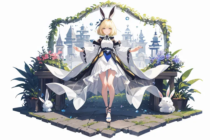 [(white background:1.5),::5] (isometric:1.0), double exposure, bubble, full body, 1girl, long bob cut, (hair:1.3), grey eyes, (white fluffy bunny ears:0.9), condemnation, (frown:1.2), (big nose:0.8), (small chest:0.7), blue blouse, rigid, blonde, white skin, masterpiece, best quality, (floating colorful {windmagic|flowers|ink|lightning|web|particles|sparkles|blood}:1.0), (many colorful {soap bubbles|clouds|vines|halos}:1.0):1.0), tropical forest, vines, big flowerbuds, (beautiful detailed glow:1.0) <lora:lihui4JXK-b2-bf16-128-128-1-re1-ep3-768-DA-5015fix:0.85>