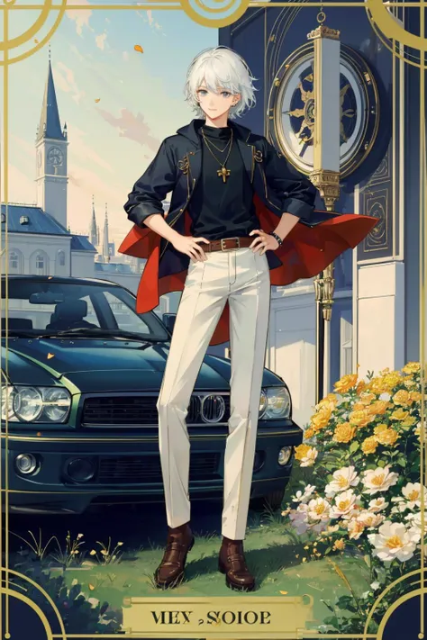 <lora:SailorMoonTarot:.7>, Tarot Card, art noveau style, (masterpiece, best quality, ultra-detailed, high-res), perfect face, ground vehicle, motor vehicle, car, solo, jewelry, white hair, 1boy, earrings, short hair, very short hair, male focus, sword, pants, english text, character name, weapon, necklace, watch, jacket, tarot, bracelet, hand on hip, depth_of_field,very detailed background, highly detailed background, Masterpiece, Ultra detailed, great composition,Dynamic angle,[Bottle bottom],(wide shot), extremely delicate and beautiful,(Highest picture quality), (Master's work),  (fantasy), depth of field, solo,Beautiful girl,extreme light and shadow, masterpiece, rich in detail, (fine features), (highest quality), (masterpiece), (detailed eyes), (beautiful) detailed girl,beautiful detailed eyes,(straight-on), full body, flower field:1, flower petals falling, summer:1.2, happy, smile,(extremely detailed CG unity 8k wallpaper),(masterpiece), (best quality), (ultra-detailed), (best illustration),(best shadow),sunshine , sun , perfect lighting , perfect anatomy ,