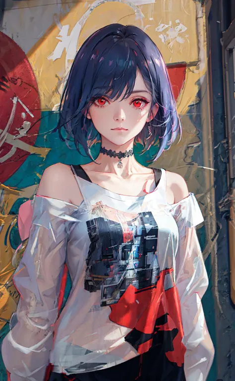 ultra realistic 8k cg, masterpiece, ((ultra detailed background, delicate pattern, intricate detail)), best quality, intricate details, chromatic aberration, 1girl, long hair, black hair, messy hair, red highlights, hair over one eye, red eyes, sharp eyes, choker, brick wall, graffiti, dim lighting, alley, oversized shirt,off shoulder, see through white shirt, <hypernet:Licy:1>, Masterpiece, best quality