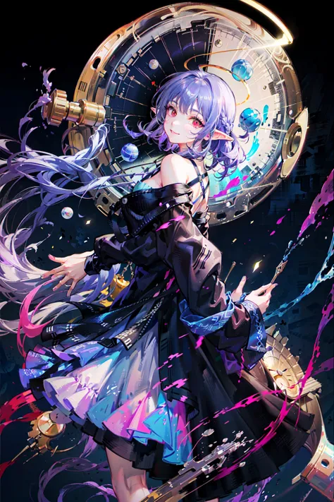 (Highest picture quality),(Master's work),(ultra-detailed),(Detailed eye description:1.0),(lens flare:1.0),(movie poster:1.0),(Tarot border:1.0),the portrait is centered,(close-up:1.0),(nagative space:0.8),(negative space:1.6),(solo),(floating colorful flame:1.0),(many colorful spirals:1.0),(floating red soft balls:1.0),(stone magic:1.0), (easygoing,pastel:1.2), (colorful:1.0),(beautiful detailed glow:1.0),(leaning to the side:1.2),(smile:1.0),(small:1.0),(closed mouth:1.0),(eyeshadows),,(purple hair:1.4),(medium hair:1.0),(from behind:1.3),(halo:1.3),(head tilt:1.0),(dynamic pose:1.1),(asymmetrical hair:1.2),(orange armor:1.0),(casual,casual clothes),(puffy dress),(red eyes:1.4),blunt bangs,ponytail,straight hair,long coat,(pointy ears,(elf:0.5):1.1),(alien planet:1.4),(indoors,inside:1.1),straw hat,straw hat,(laying:1.1),(:1.1),(portrait:1.25),,