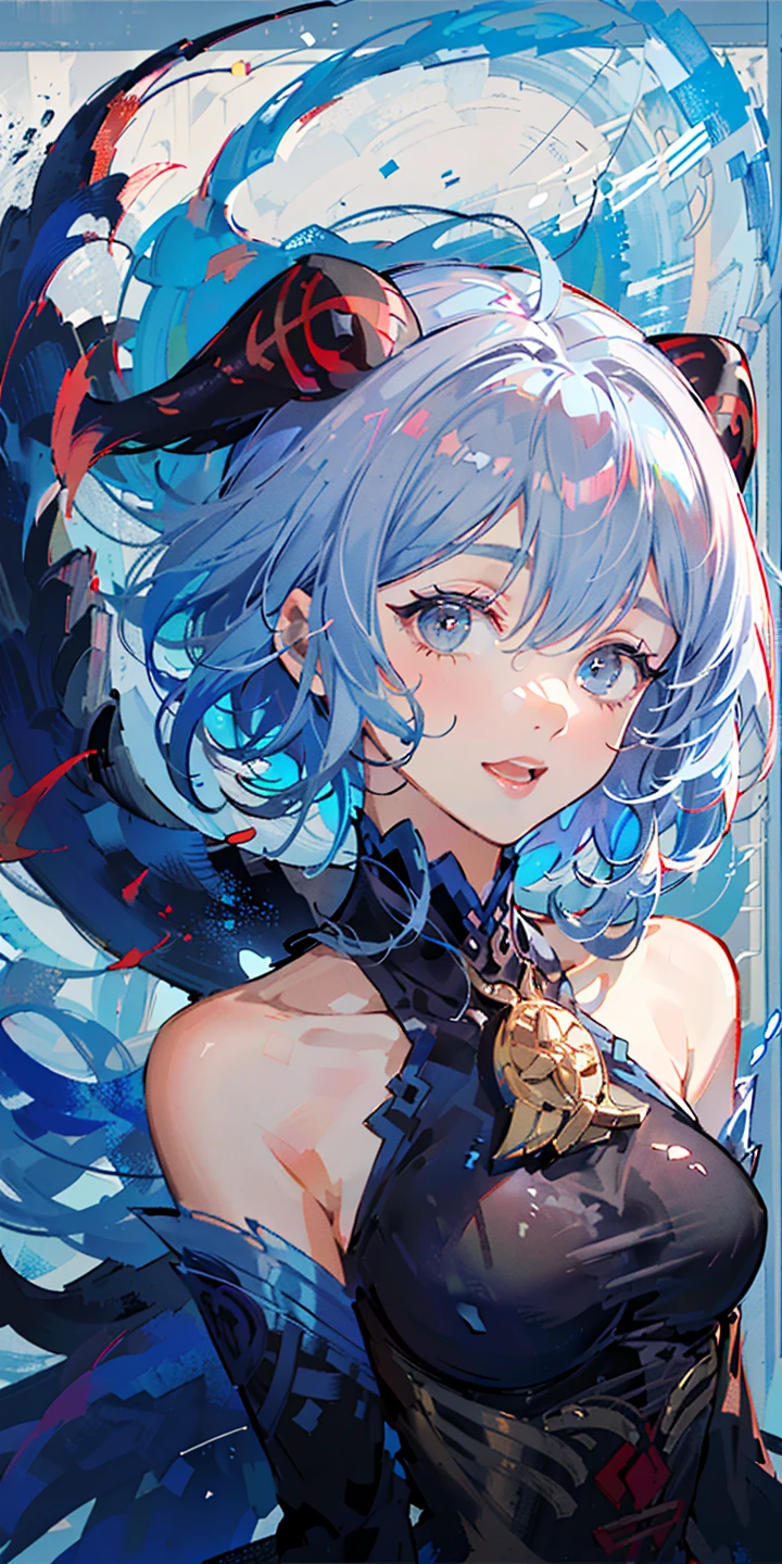 (Highest picture quality),(Master's work),(ultra-detailed),(Detailed eye description:1.0),(lens flare:1.0),(movie poster:1.0),(Tarot border:1.0),the portrait is centered,(close-up:1.0),(nagative space:0.8),(negative space:1.6),(solo),(floating colorful web:1.0),(many colorful spikes:1.0),(floating aqua droplets:1.0),(water magic:1.0), (dappled sunlight,light rays,caustics:1.2), (iridescent:1.0),(beautiful detailed glow:1.0),(leaning back:1.2),(grim expression:1.0),(small:1.0),(open mouth:1.0),(eyelashes),one eye closed,(light blue hair:1.4),(long hair:1.0),(facing viewer:1.3),(head tilt:1.0),(dynamic pose:1.1),(asymmetrical hair:1.2),(orange,(casual,casual clothes),(layered skirt),(grey eyes:1.4),diagonal bangs,high twintails,drill hair,long coat,(floating cape:1.0),,(abstract background:1.4),(:1.1),(jumping:1.1),(tan:1.1),(upper body:1.25),thinking, slit pupils, + +, <lora:ganyuGenshinImpact_v20:1>, ganyu, bare shoulders, bodysuit, (white gloves:1.3), black and red twin horns, sleepy
