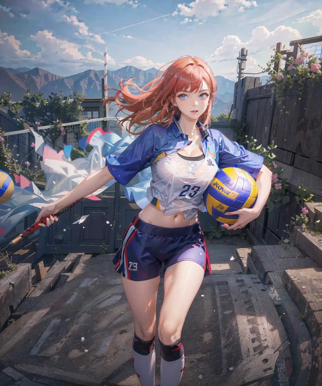 colorful, girl,red and white kimono puffy short sleeves,upper body,(detailed face:1.2), (medium breasts),(cleavage),(thigh bands),long Redhead hair,asymmetrical bangs,Tarot border,The portrait is centered,(no weapon),(bouncing breasts), (raw photo:1.2), ((photorealistic:1.4)), best quality, masterpiece, illustration, an extremely delicate and beautiful, extremely detailed ,CG ,unity ,8k wallpaper, Amazing, finely detail, masterpiece,best quality,official art, extremely detailed CG unity 8k wallpaper, absurdres, incredibly absurdres, huge filesize, ultra-detailed, highres, extremely detailed,
beautiful detailed girl, extremely detailed eyes and face, beautiful detailed eyes, light on face, cinematic lighting, full body, full-body shot, see-through, outdoors, (( light orbs )), , , bear stomach, (playing volleyball),
