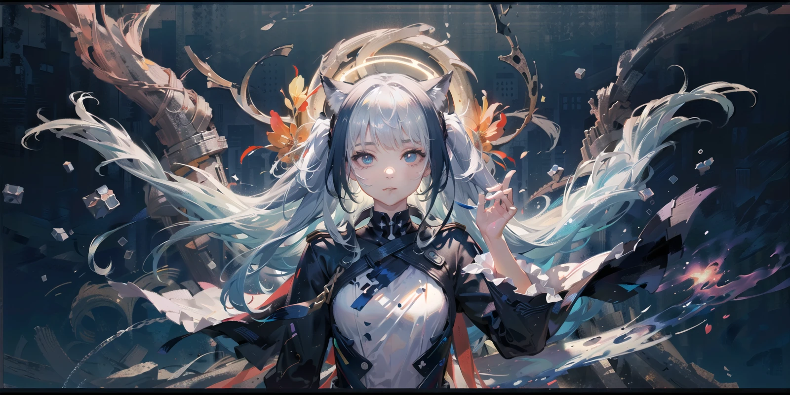 (Highest picture quality),(Master's work),(ultra-detailed),(Detailed eye description:1.0),(lens flare:1.0),(movie poster:1.0),(Tarot border:1.0),the portrait is centered,(close-up:1.0),(nagative space:0.8),(negative space:1.6),(solo),(floating colorful water magic:1.0),(many colorful vines:1.0),(floating pink blades:1.0),(water wings:1.0), (dappled sunlight,light rays,caustics:1.2), (colorful:1.0),(beautiful detailed glow:1.0),(leaning back:1.2),(grim expression:1.0),(small:1.0),(closed mouth:1.0),(eyeshadow),,(lime hair:1.4),(long hair:1.0),(facing viewer:1.3),(halo:1.3),(head tilt:1.0),(dynamic pose:1.1),(asymmetrical hair:1.2),(blue armor:1.0),(military),(layered skirt),(black eyes:1.4),blunt bangs,high twintails,,long coat,(floating cape:1.0),(fox ears, fox girl:1.1),(castle:1.4),(outdoors,outside:1.1),hair bow,,(flying:1.1),(dark skin:1.1),(upper body:1.25),, symbol-shaped pupils, heart-shaped pupils