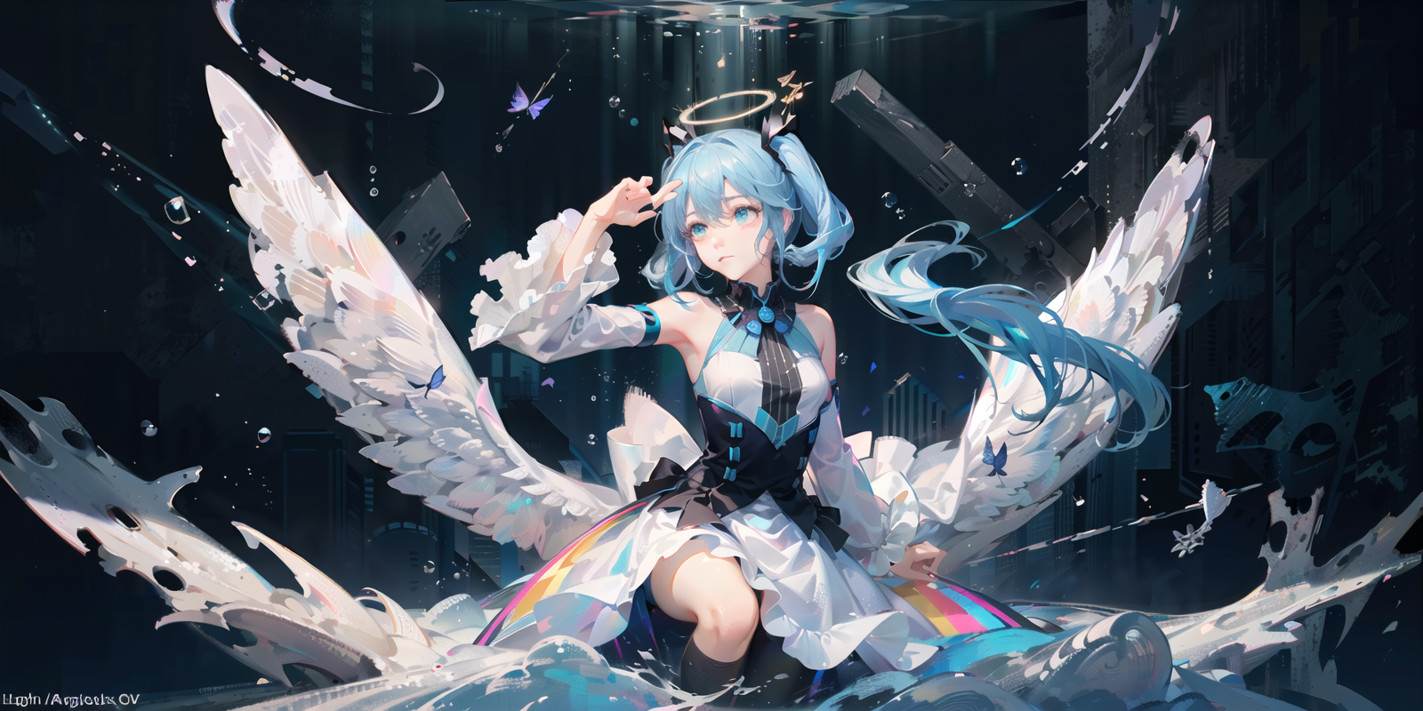 A woman with blue hair and wings sitting on a rock - SeaArt AI