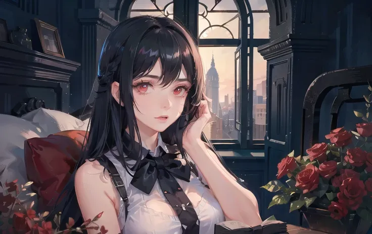 photorealistic,best quality,realistic, masterpiece, an extremely delicate and beautiful, CG,extremely detailed ,highres, extremely detailed,depth of field, 1girl, tifa_lockhart,beautiful detailed girl,upper body, looking at viewer,black_hair, long_hair,red eyes,( blouse),bow,armlet, beautiful detailed red eyes, light on face,