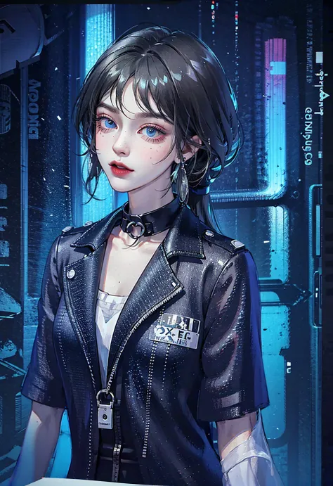 hugefilesizebestquality,highlydetailed,masterpiece,ultra-detailed,extremelydetailedCGunity8kwallpaper,Solo, upper body only, one girl,fashi-girl, long hair, ponytail, black hair, black suspender, gray coat, black collar, metal jewelry, ring earrings, blue eyes, night, neon lights, city, blurred background, <lora:fashionGirl_v50:1>