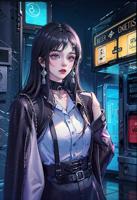 hugefilesizebestquality,highlydetailed,masterpiece,ultra-detailed,extremelydetailedCGunity8kwallpaper,Solo, upper body only, one girl,fashi-girl, long hair, ponytail, black hair, black suspender, gray coat, black collar, metal jewelry, ring earrings, blue eyes, night, neon lights, city, blurred background, <lora:fashionGirl_v50:1>