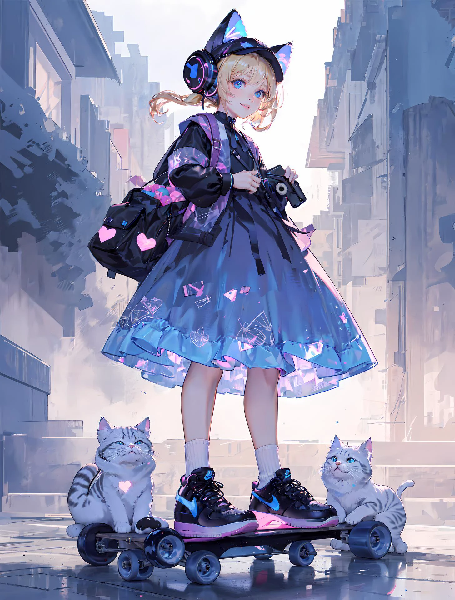 high ultra detailed,8k photo,ultra realistic, professional light,
photorealistic backgrounds, visual depth, bokeh, wide shot,full body,
((,cute,loli,small hip,flat chest,cat ear)),1girl,blonde hair,blue eye,
colored inner hair,side up short twintail,curly hair,diagonal bangs,angelic smile,
((lolita fashion:1.5, lace, frilled blouse, a white petticoat, knee-high socks,hat,Nike air force 1 sneakers))BREAK
((cat toys, stuffed toy, bagpack,skateboard)),
glowing neon-themed accessories:1.5,