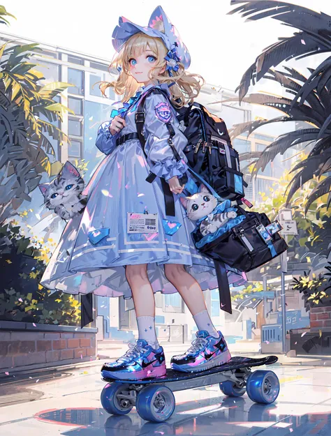 high ultra detailed,8k photo,ultra realistic, professional light,
photorealistic backgrounds, visual depth, bokeh, wide shot,full body,
((12 yo,cute,loli,small hip,flat chest,cat ear)),1girl,blonde hair,blue eye,
colored inner hair,side up short twintail,curly hair,diagonal bangs,angelic smile,
((lolita fashion:1.5, lace, frilled blouse, a white petticoat, knee-high socks,hat,Nike air force 1 sneakers))BREAK
((cat toys, stuffed toy, bagpack,skateboard)),
glowing neon-themed accessories:1.5,
