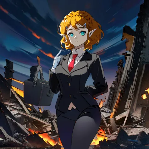 (masterpiece:1.2), (best quality:1.15), (anime style:1.2), (perfect proportions, perfect anatomy, perfect hands:1.2), perfect face, perfect eyes, (detailed eyes:1.3), green eyes, eyeshadow, (dull eyes:1.3), (lifeless eyes), perfect face, (stoic face, poker face:1.2), closed mouth, elf ears, (one girl only:1.2), (full body in view, full body:1.4), princess zelda, jewelery, short hair, (yellow hair, hair clip, braid:1.2), breast, (wearing black clothing, wearing red tie, wearing recruit suit:1.3), (hyper-detailed hair, hyper-detailed clothing:1.3), standing up, fire around building rubble, (modern building rubble in the background, dark night sky:1.3), clouds, (hyper-detailed background, hyper-detailed night sky, hyper-detailed clouds:1.3), (hyper-detailed shadows, hyper-detailed shading, hyper-detailed lighting:1.4) (left hand on chest:1.3), (right hand behind back:1.3), contrasting colors, (white-colored gloves:1.3)