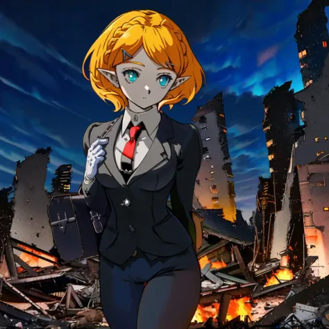 (masterpiece:1.2), (best quality:1.15), (anime style:1.2), (perfect proportions, perfect anatomy, perfect hands:1.2), perfect face, perfect eyes, (detailed eyes:1.3), green eyes, eyeshadow, (dull eyes:1.3), (lifeless eyes), perfect face, (stoic face, poker face:1.2), closed mouth, elf ears, (one girl only:1.3), (full body in view, full body:1.4), princess zelda, jewelery, short hair, (yellow hair, hair clip, braid:1.2), breast, (wearing black clothing, wearing red tie, wearing recruit suit:1.3), (hyper-detailed hair, hyper-detailed clothing:1.3), standing up, fire around building rubble, (modern building rubble in the background, dark night sky:1.3), clouds, (hyper-detailed background, hyper-detailed night sky, hyper-detailed clouds:1.3), (hyper-detailed shadows, hyper-detailed shading, hyper-detailed lighting:1.4) (left hand on chest:1.3), (right hand behind back:1.3), contrasting colors, (white-colored gloves:1.3), extremely detailed recruit suit
