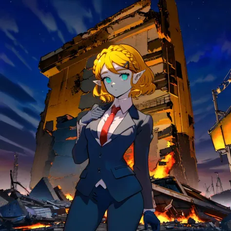 (masterpiece:1.2), (best quality:1.15), (anime style:1.2), (perfect proportions, perfect anatomy, perfect hands:1.2), perfect face, perfect eyes, (detailed eyes:1.3), green eyes, eyeshadow, (dull eyes:1.3), (lifeless eyes), perfect face, (stoic face, poker face:1.2), closed mouth, elf ears, (one girl only:1.2), (full body in view, full body:1.4), princess zelda, jewelery, short hair, (yellow hair, hair clip, braid:1.2), breast, (wearing black clothing, wearing red tie, wearing recruit suit:1.3), (hyper-detailed hair, hyper-detailed clothing:1.3), standing up, fire around building rubble, (modern building rubble in the background, dark night sky:1.3), clouds, (hyper-detailed background, hyper-detailed night sky, hyper-detailed clouds:1.3), (hyper-detailed shadows, hyper-detailed shading, hyper-detailed lighting:1.4) (left hand on chest:1.3), (right hand behind back:1.3), contrasting colors, white gloves