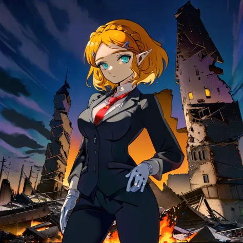 (masterpiece:1.2), (best quality:1.15), (anime style:1.2), (perfect proportions, perfect anatomy, perfect hands:1.2), perfect face, perfect eyes, (detailed eyes:1.3), green eyes, eyeshadow, (dull eyes:1.3), (lifeless eyes), perfect face, (stoic face, poker face:1.2), closed mouth, elf ears, (one girl only:1.3), (full body in view, full body:1.4), princess zelda, jewelery, short hair, (yellow hair, hair clip, braid:1.2), breast, (wearing black clothing, wearing red tie, wearing recruit suit:1.3), (hyper-detailed hair, hyper-detailed clothing:1.3), standing up, fire around building rubble, (modern building rubble in the background, dark night sky:1.3), clouds, (hyper-detailed background, hyper-detailed night sky, hyper-detailed clouds:1.3), (hyper-detailed shadows, hyper-detailed shading, hyper-detailed lighting:1.4) (left hand on chest:1.3), (right hand behind back:1.3), contrasting colors, (white-colored gloves:1.3),  extremely detailed recruit suit