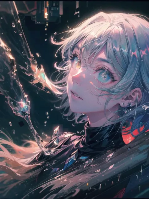 1 girl, multicolor_hair,, masterpiece, best quality, (colorful:1.2), heterochromia, water, splash <lora:眼睛双:1>aqua_eyes,starry sky,clusters of stars,starry sky, glinting stars, <lora:add_detail细节增加:1>,cinematic angle, Colorful_hair,cyberpunk, city, Kowloon, rain, raindrop,starry sky, clusters of stars, profile,({crystal|ice|fire|flame|wind|water|earth|stone|space|musical|sonic|vortex} {magic|wings}:1.0), ({ray tracing,glowing|dappled sunlight,light rays,caustics|night,black ,selfie, (ink splashing:1.4),beautiful detailed water,(watercolor:1.2)