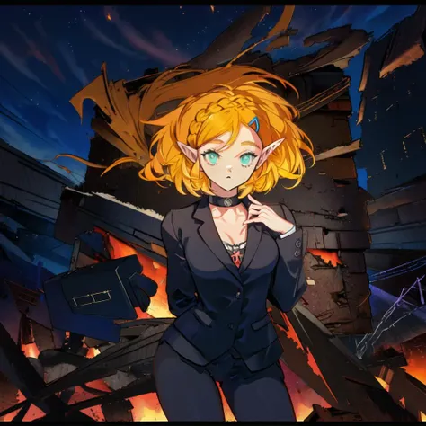 (masterpiece:1.2), (best quality:1.15), anime style, (perfect proportions, perfect anatomy, perfect hands:1.2), perfect face, perfect eyes, (detailed eyes:1.3), green eyes, eyeshadow, (dull eyes:1.3), (lifeless eyes:1.3), perfect face, (stoic face, poker face:1.2), elf ears, (one girl only:1.2), (full body in view, full body:1.4), princess zelda, short hair, (yellow hair, hair clip, braid:1.2), breast, (wearing black clothing, wearing red tie, wearing recruit suit:1.3), (hyper-detailed hair, hyper-detailed clothing:1.3), standing up, fire around building rubble, (modern building rubble in the background, dark night sky:1.3), clouds, (hyper-detailed background, hyper-detailed night sky, hyper-detailed clouds:1.3), (hyper-detailed shadows, hyper-detailed shading, hyper-detailed lighting:1.4) (left hand on chest:1.3), (right hand behind back:1.3), contrasting colors