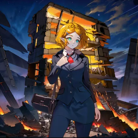 (masterpiece:1.2), (best quality:1.15), anime style, (perfect proportions, perfect anatomy, perfect hands:1.2), perfect face, perfect eyes, (detailed eyes:1.3), green eyes, eyeshadow, (dull eyes:1.3), (lifeless eyes:1.3), perfect face, (stoic face, poker face:1.2), elf ears, (one girl only:1.2), (full body in view, full body:1.4), princess zelda, short hair, (yellow hair, hair clip, braid:1.2), breast, (wearing black clothing, wearing red tie, wearing recruit suit:1.3), (hyper-detailed hair, hyper-detailed clothing:1.3), standing up, fire around building rubble, (modern building rubble in the background, dark night sky:1.3), clouds, (hyper-detailed background, hyper-detailed night sky, hyper-detailed clouds:1.3), (hyper-detailed shadows, hyper-detailed shading, hyper-detailed lighting:1.4) (left hand on chest:1.3), (right hand behind back:1.3), contrasting colors