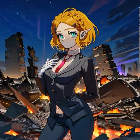 (masterpiece:1.2), (best quality:1.15), (anime style:1.2), (perfect proportions, perfect anatomy, perfect hands:1.2), perfect face, perfect eyes, (detailed eyes:1.3), green eyes, eyeshadow, (dull eyes:1.3), (lifeless eyes), perfect face, (stoic face, poker face:1.2), closed mouth, elf ears, (one girl only:1.3), (full body in view, full body:1.4), princess zelda, jewelery, short hair, (yellow hair, hair clip, braid:1.2), breast, (wearing black clothing, wearing red tie, wearing recruit suit:1.3), (hyper-detailed hair, hyper-detailed clothing:1.3), standing up, fire around building rubble, (modern building rubble in the background, dark night sky:1.3), clouds, (hyper-detailed background, hyper-detailed night sky, hyper-detailed clouds:1.3), (hyper-detailed shadows, hyper-detailed shading, hyper-detailed lighting:1.4) (left hand on chest:1.3), (right hand behind back:1.3), contrasting colors, (white-colored gloves:1.3), showing belly button