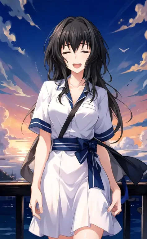 best quality, masterpiece, 1girl, girl focus, solo, looking at viewer, black hair,open mouth, almost closed eyes, smile, facing viewer, sky, cloud,brush, benkei, sunset, arms behind back <lora:Eyes1 to 0.4 benkei:1>