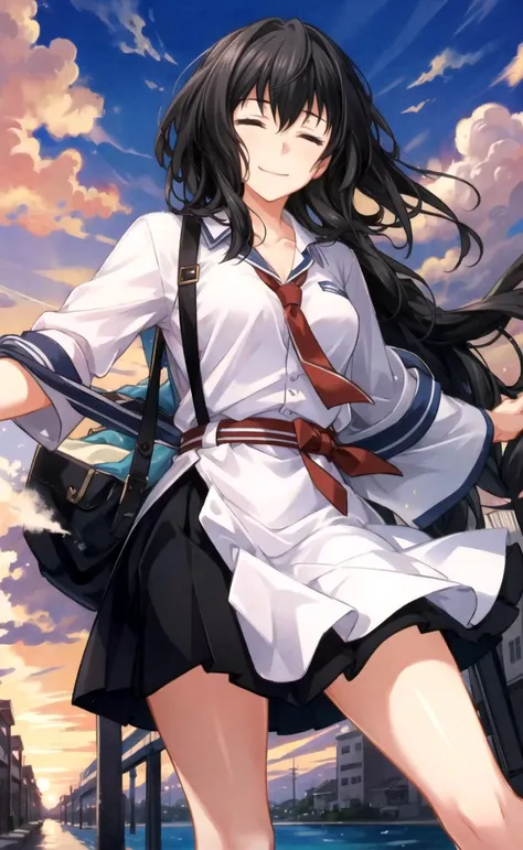 best quality, masterpiece, 1girl, girl focus, solo, looking at viewer, black hair,closed eyes, smile, facing viewer, sky, cloud,brush, benkei, sunset <lora:Eyes1 to 0.4 benkei:1>