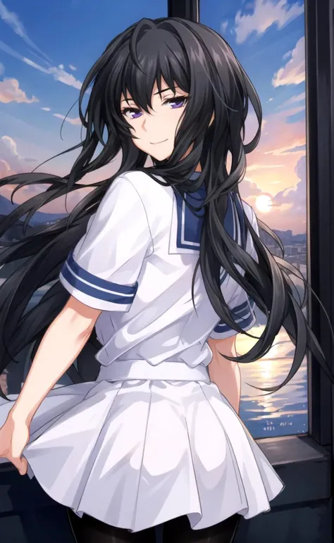 best quality, masterpiece,   1girl, girl focus, solo, looking at viewer, black hair, rolling eyes, (cleavage:0.5), smile, facing viewer, sky, cloud,brush, benkei,white skirt with blue vertical lines,pantyhose black,  sunset , school, <lora:Eyes1 to 0.4 benkei:1>