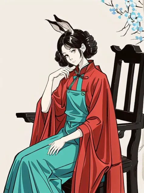 ancient,one person, solo, standing
14 years old, curly black hair, round face, big eyes, pale and rosy complexion
wearing a light cyan long skirt and a red cloak in an ancient costume, sitting on an ancient wooden chair, holding a rabbit in his arms, and slightly lowering his head to stroke the rabbit.
the overall background is an ancient chinese style palace.
best quality, ultra-detailed, masterpiece, finely detail, highres, 8k wallpaper,beautiful detailed eyes,highly detailed skin