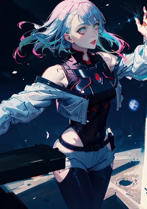 <lora:lucyCyberpunk_35Epochs:0.8>((illustration)),Belt,lens 3 cm away from the face,bodysuit,( white hair:1.4and blue hair:1.1andpink hair: 1.1),covered mouth, covered navel, detached sleeves, grey eyes, hip vent, holding weapon,lucy \(cyberpunk\),bangs, colored tips, full moon, grey eyes,medium hair,short hair,multicolored hair, parted bangs,portrait, red eyeliner, red lips, cyberpunk \(series\), cyberpunk edgerunners ,((masterpiece, best quality)), close-up, straight on, (1 girl), (unbelievably ridiculous), (detailed lighting), lighting, colorful, (gorgeous background), dynamic angle, delicate background, (shine1.2),{{masterpiece}},{{ best quality}},{{ultra-detailed}},{detailed light},High Detail,Depth of field,Wide angle,Sharp focus,((astronaut)),(colorful eyes1.7),{{messy_hair}},extremely detailed CG unity 8k wallpaper,{{face close-up1.5}},(cosmic background1.3),Beautiful detailed eyes, overexposure, side-parted bangs, hair strands between eyebrows,[[[starry sky]]],centered character,(pure black starry sky1.5),(wind),slit pupil,standing on the moon,((clothing details1.4)),(the light1.2),mooth, hd semirealistic anime cg concept art digital painting,dynamic composition,motion,a lot of details, amazing fine details and brush strokes,((crazy))
