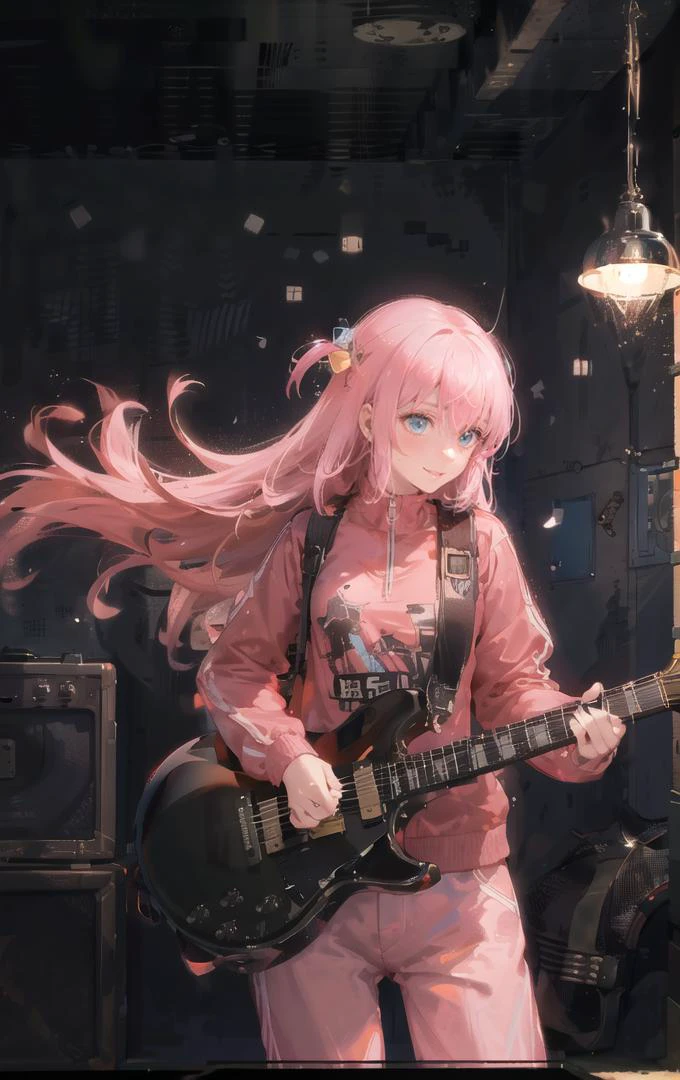 (1girl)(solo)(masterpiece),
indoors,stage,dark background,live,
ray tracing,lens flare,glowing,atmospheric perspective
(black guitar:1.4)(playing guitar:1.4),microphone,
upper body,from below,dynamic pose
<lora:hitoriGotohBocchiThe_v1:0.9>
hitori bocchi, pink hair,(long hair:1.4), blue and yellow hair ornament, blue eyes,(pink sportswear), pink jacket,pink pants,closed jackets
parted lips, smile, heavy breathing, glint, full-face blush,focused
