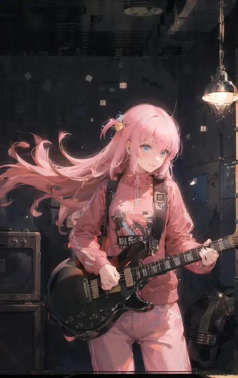 (1girl)(solo)(masterpiece),
indoors,stage,dark background,live,
ray tracing,lens flare,glowing,atmospheric perspective
(black guitar:1.4)(playing guitar:1.4),microphone,
upper body,from below,dynamic pose
 <lora:hitoriGotohBocchiThe_v1:0.9>
hitori bocchi, pink hair,(long hair:1.4), blue and yellow hair ornament, blue eyes,(pink sportswear), pink jacket,pink pants,closed jackets
parted lips, smile, heavy breathing, glint, full-face blush,focused