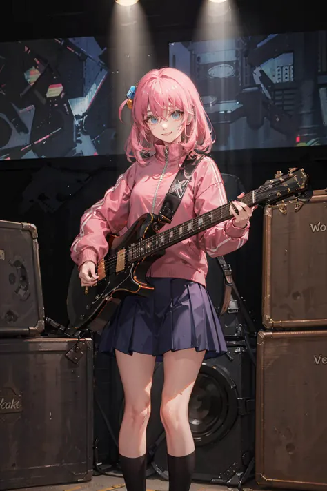 masterpiece, best quality, highres, gotou1, gotou hitori, solo, skirt, pink jacket, track jacket, bangs, hair between eyes, long sleeves, <lora:gotou_hitori_v1:0.7>, stage, smile, holding instrument, guitar,