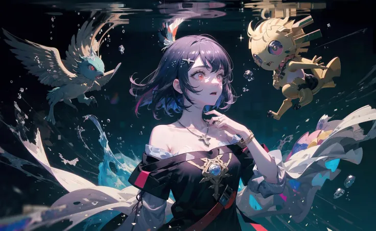 Ultra realistic 8k cg, masterpiece, ((hyper detail background, delicate pattern, intricate detail)), best quality, intricate detail, chromatic aberration, 1 girl, splashed paint, long hair, (black hair), white hair messy hair, red highlights, red eyes, sharp eyes, extremely detailed face, extremely detailed eyes and face, beautiful detail eyes, chokes, stars, moon, dim lights, alley, oversized shirt, paint on shirt, off shoulder, sheer white shirt, masterpiece, best quality,  <lora:LAS:..5>,   <lora:眼睛双:.7>,pokedex entry, pokemusu, pokemon, 060, poliwag, water, blue, watersedge, It is possible to see this Pokmon's spiral innards right through its thin skin. However the skin is also very flexible. Even sharp fangs bounce right off it., poke ball, poke ball (basic), monster girl, 1girl, artist name, 1boy, english text, personification, purple hair, colored skin, character profile, blue skin, hat feather, jewelry, character name, bracelet, blue hair, hair ornament, bubble, shell, hat, necklace, tube top <lora:concept-pokemusu-v2:1>